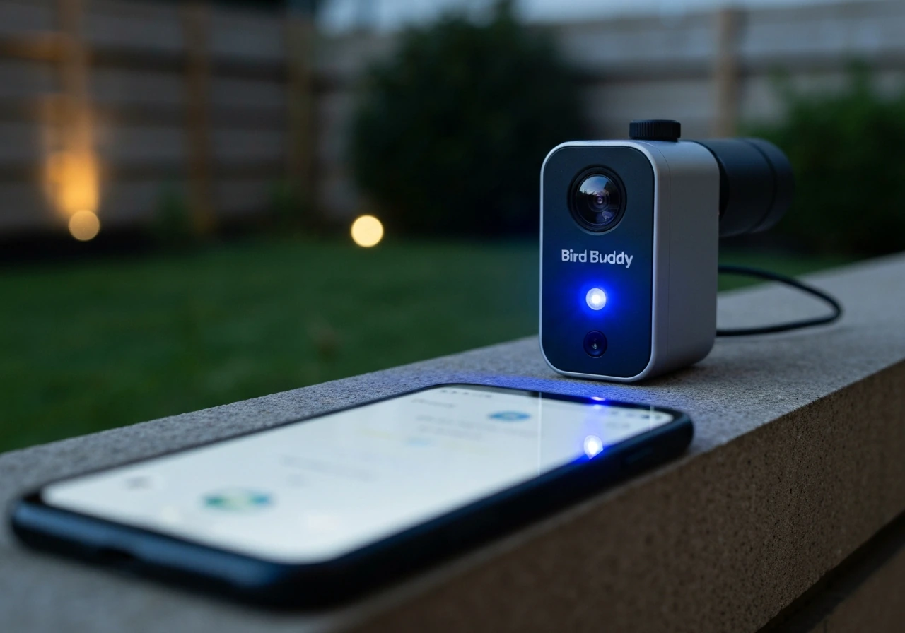 Bird Buddy device with steady blinking blue light while a phone is nearby for Bluetooth pairing.