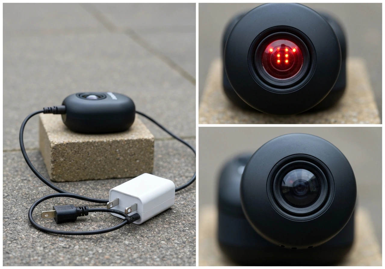 Bird Buddy charging setup with the device close-up showing red blinking or no light, simple cable and charger visible.