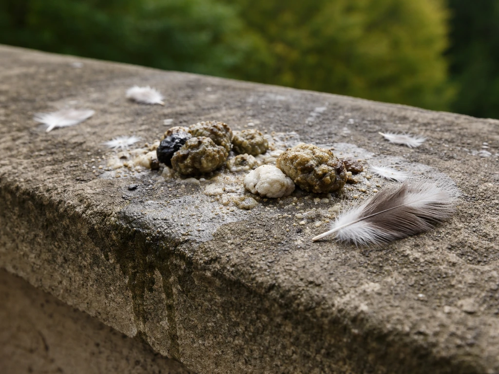 Close-up of bird droppings and a few feathers on a roof ledge in natural daylight.