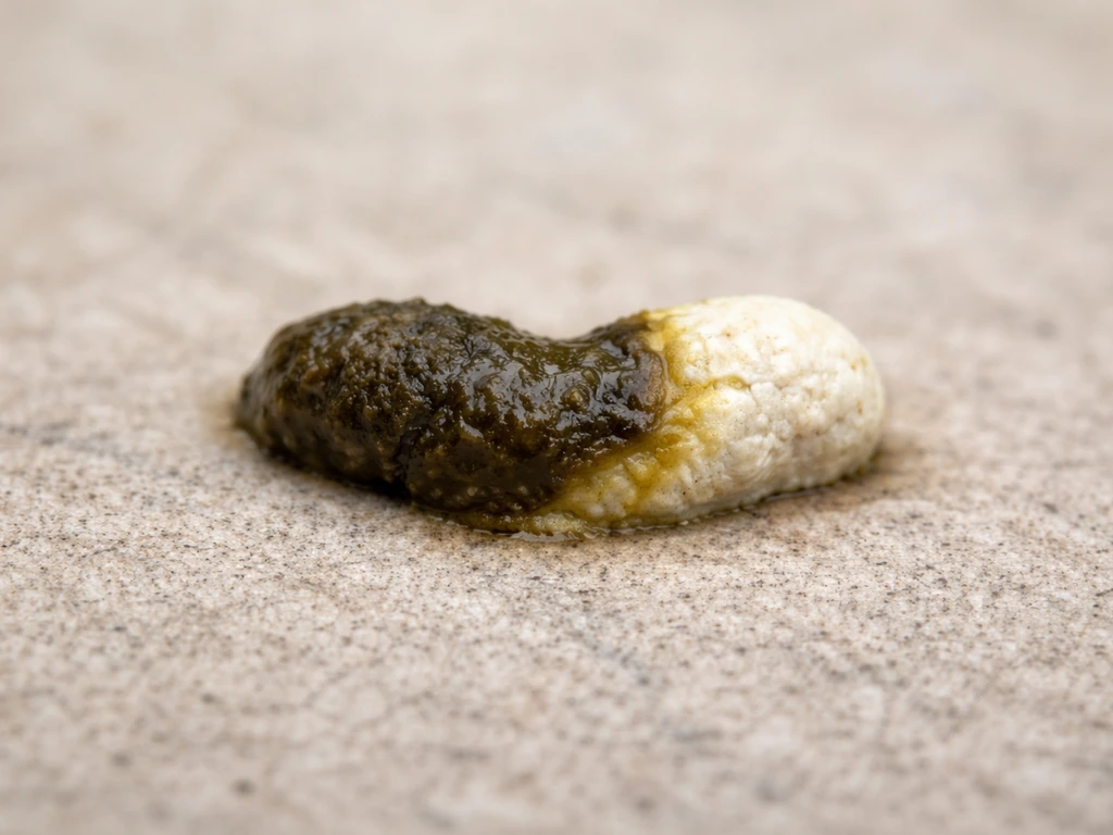 Macro close-up of a single bird dropping showing dark fecal part and white urate cap.
