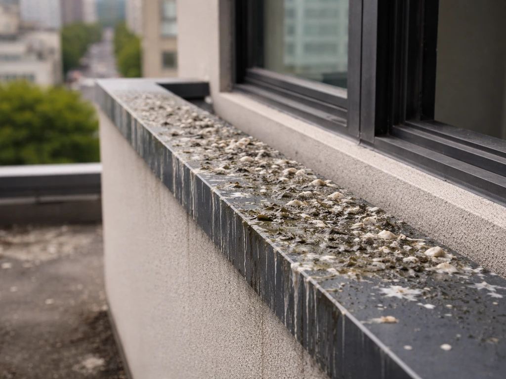 Bird droppings heavily accumulated along a rooftop window ledge, indicating a repeated roosting perch.