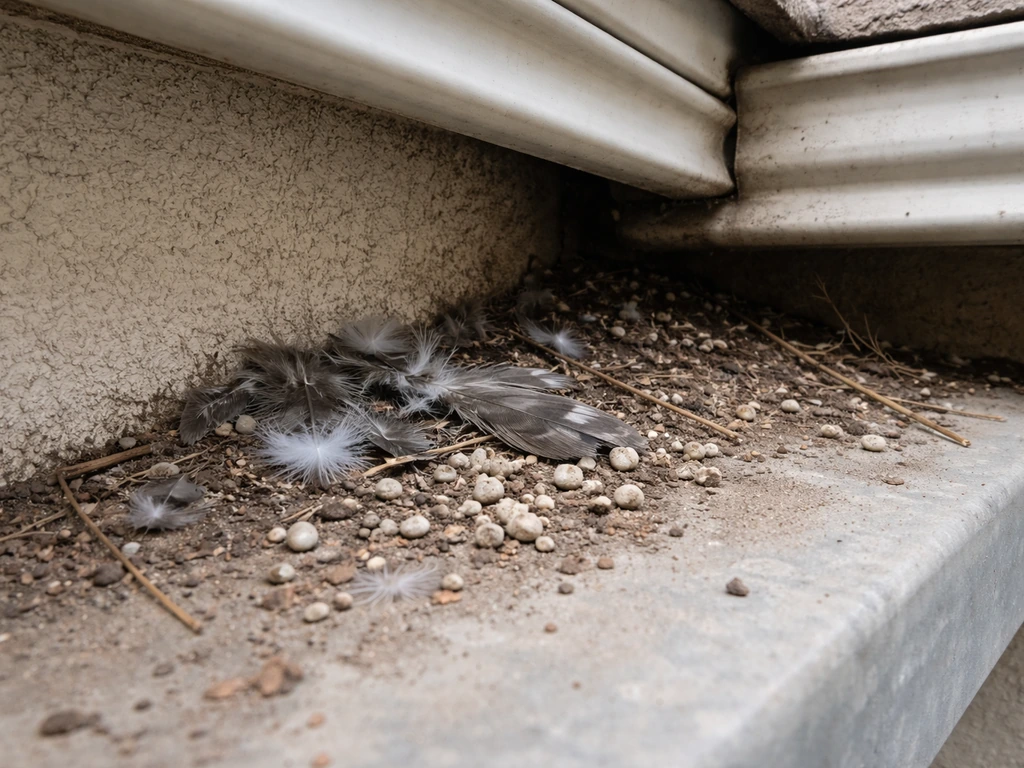 Close-up of feathers and droppings gathered near an outdoor bird nesting spot under a building eave.