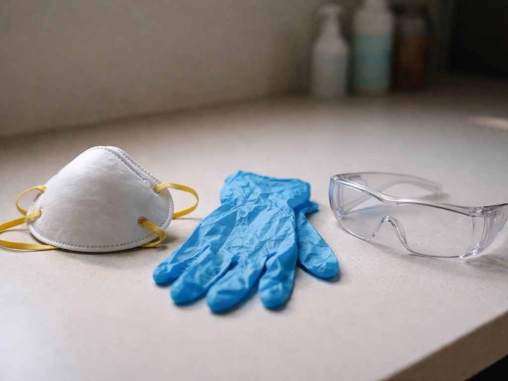 Protective gear laid out: N95 respirator, nitrile gloves, and eye protection for safe cleanup.