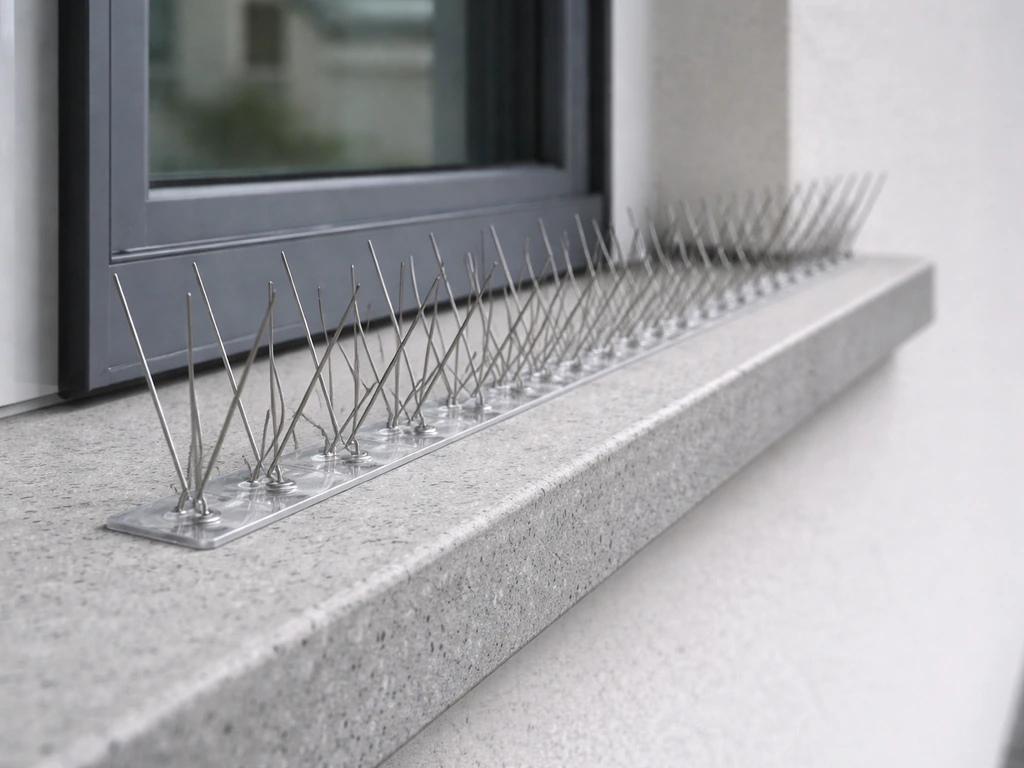 Close-up of stainless bird spikes installed on a window ledge to deter birds from perching.