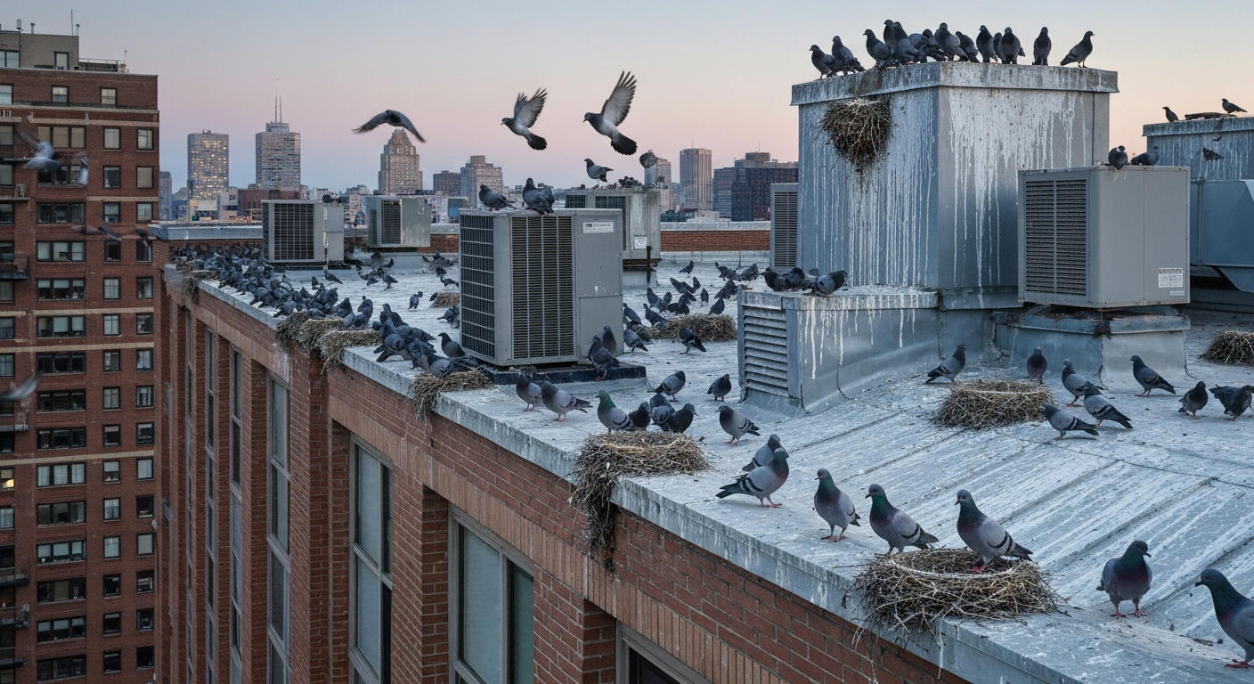 Rooftop and building ledges crowded with pigeons and starlings, visible nests and heavy droppings on HVAC and parapet, illustrating a bird infestation.