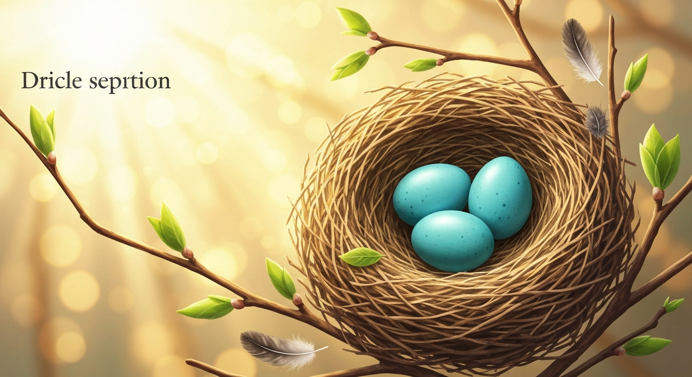 Watercolor-style illustration of a bird's nest with three blue eggs amid spring foliage and soft sunlight.