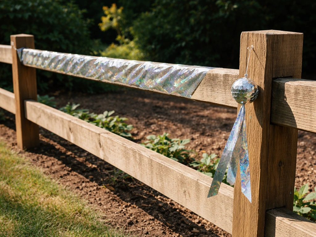 Reflective tape and a motion bird deterrent attached to a fence beside a quiet garden edge.