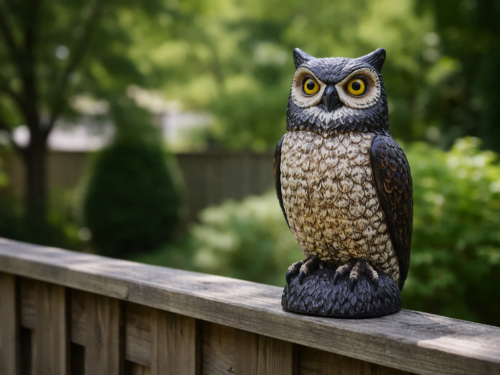 A simple plastic owl decoy sits on a fence ledge, suggesting birds should stay away.