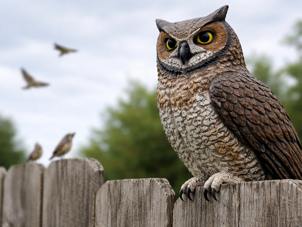 Realistic owl/hawk predator decoy on a fence ledge with a few birds at a distance for scale.