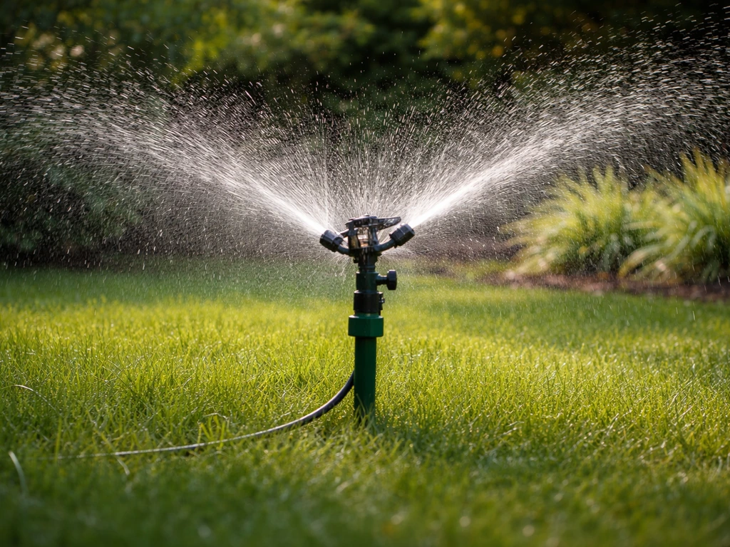 Motion-activated sprinkler spraying water in a quiet backyard garden, creating unpredictable motion.