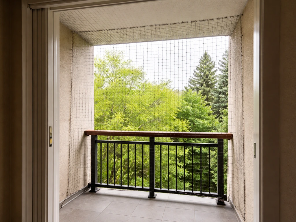 Bird-proof netting stretched over an open balcony, blocking birds from landing while a door remains accessible.