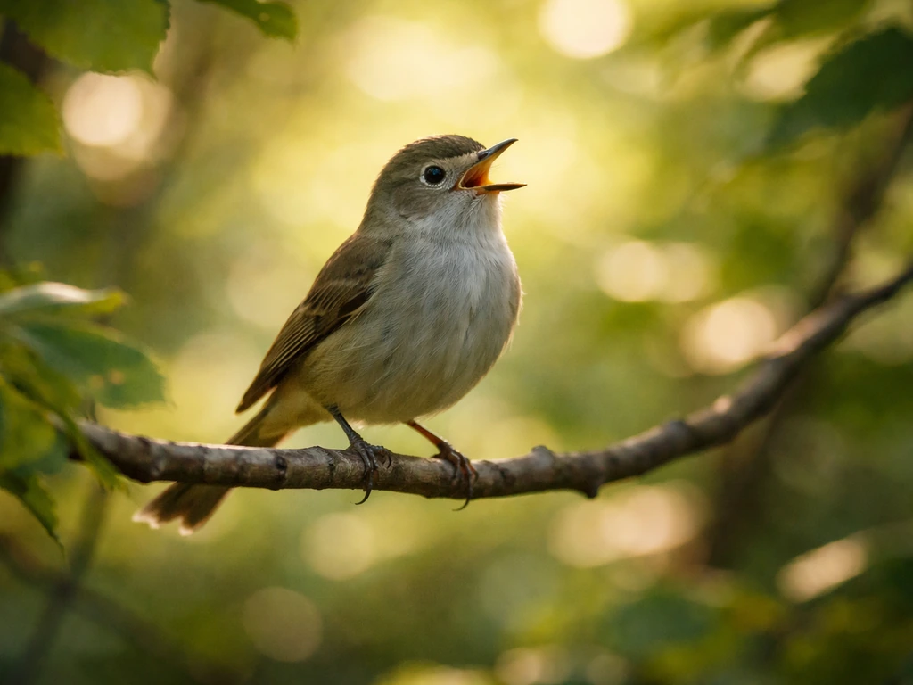 Small songbird perched on a branch with an open beak, trilling amid softly lit forest leaves.