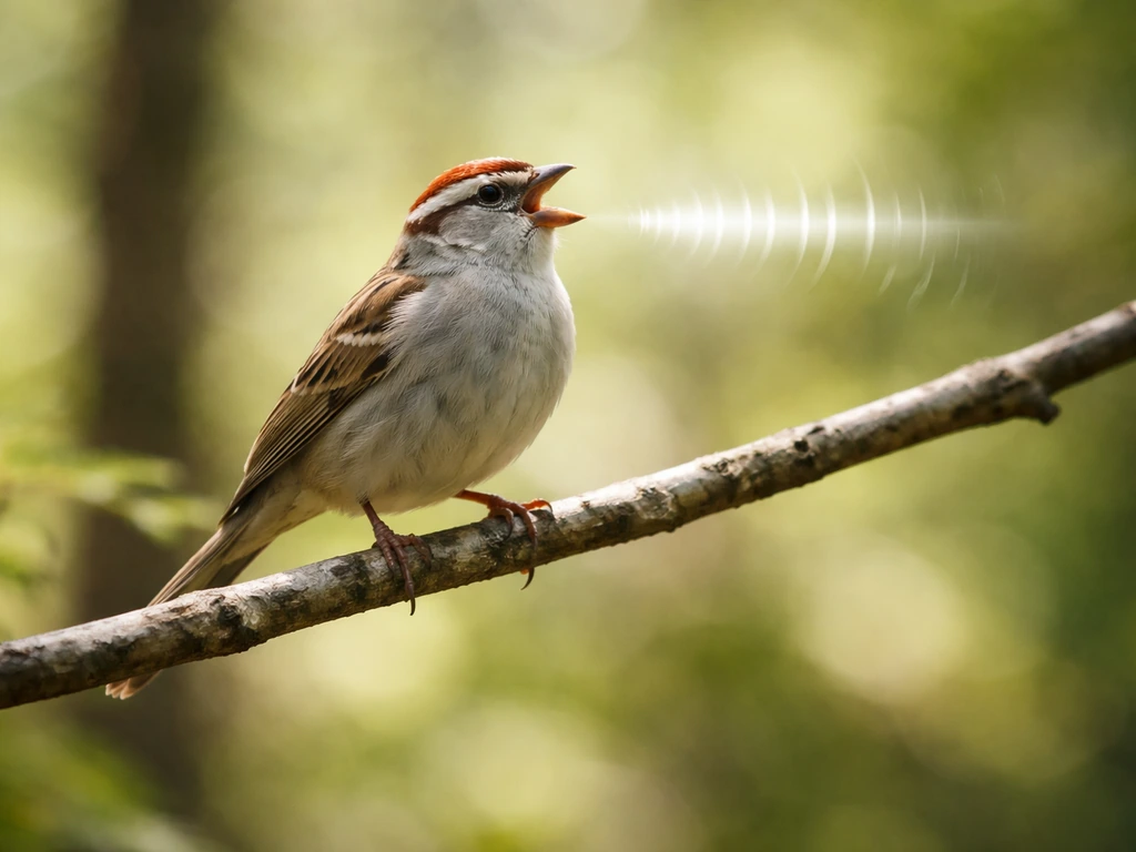 Small songbird perched on a branch with a faint, abstract sound-wave ripple suggesting rapid trills.
