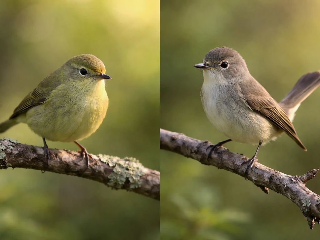 Two small bird species perched side-by-side on branches in soft natural light, minimal background.
