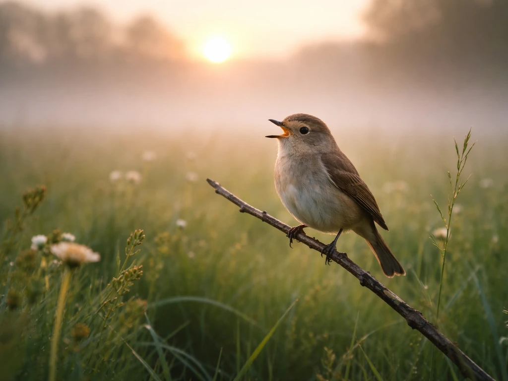 Songbird perched on a branch at spring dawn, singing as sunrise light fills a quiet field.