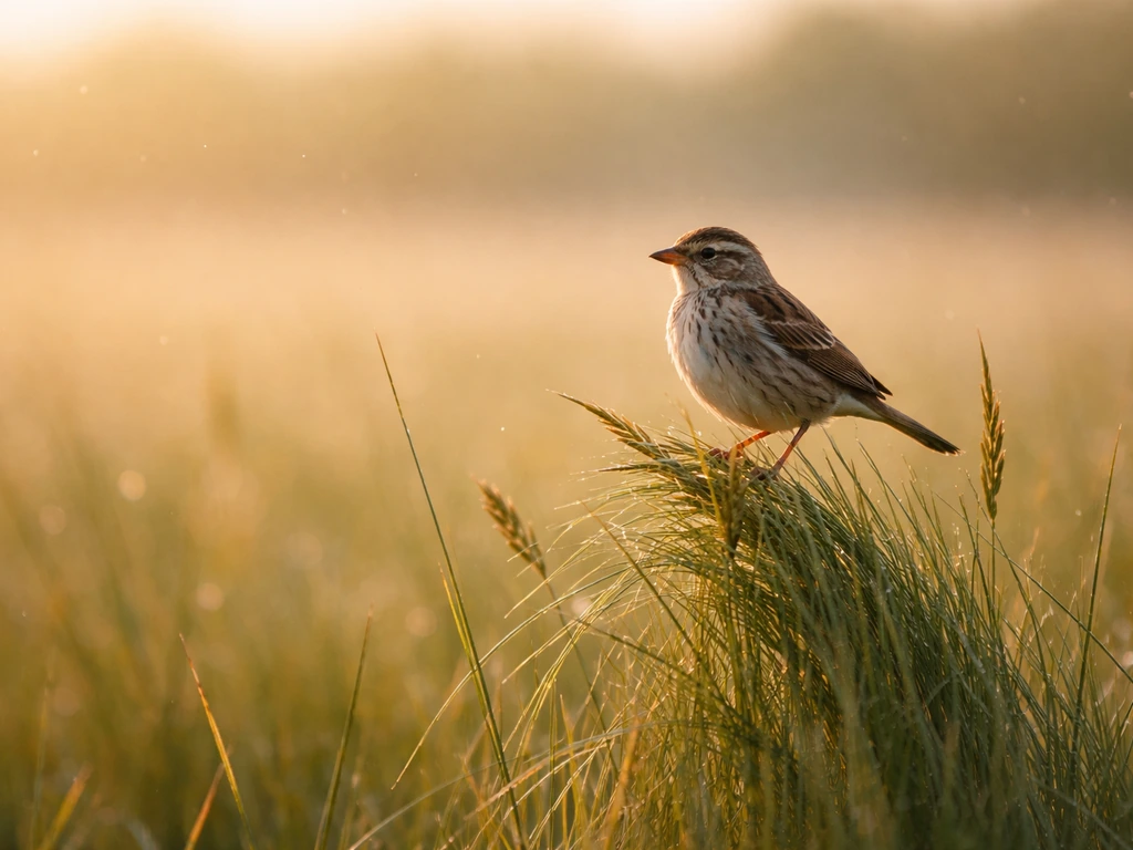 Small songbird perched on tall grass in open meadow, blurred background, insect-buzz atmosphere