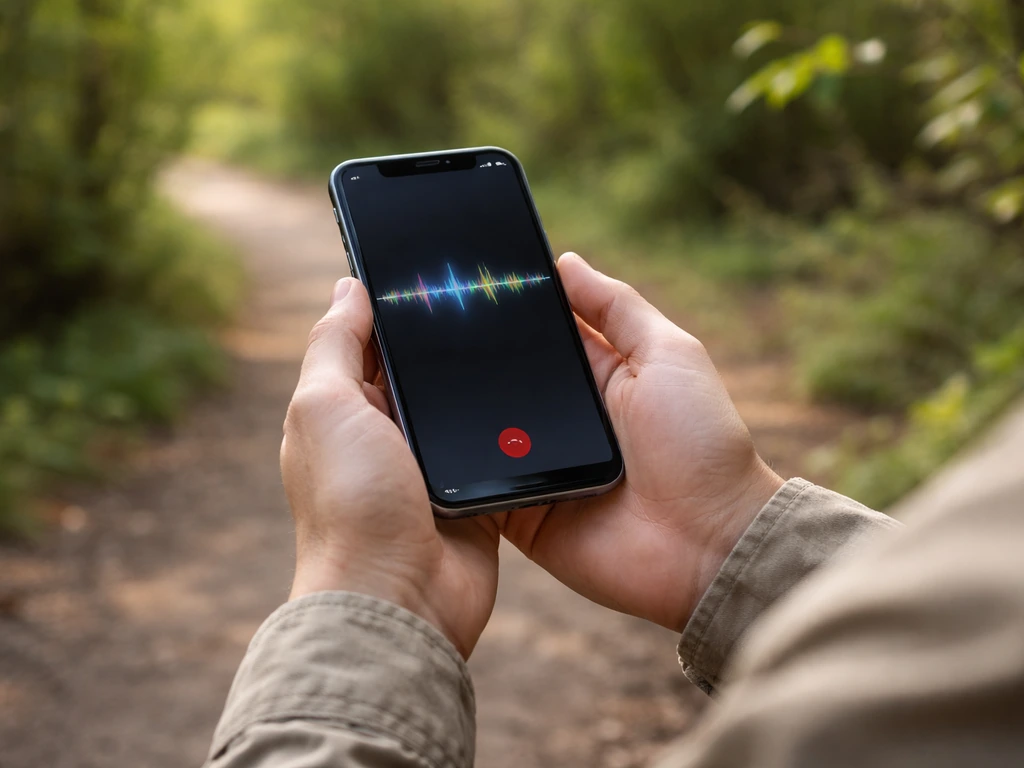 Hands holding a smartphone in the field, recording bird trill audio outdoors with a generic app screen.