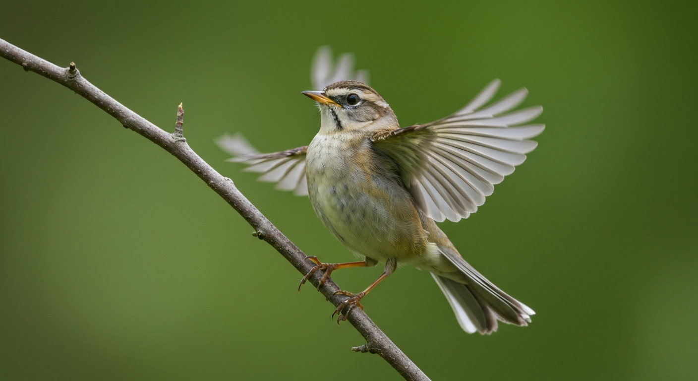 Small passerine perched mid-flutter with blurred wingtips against a soft green bokeh background.