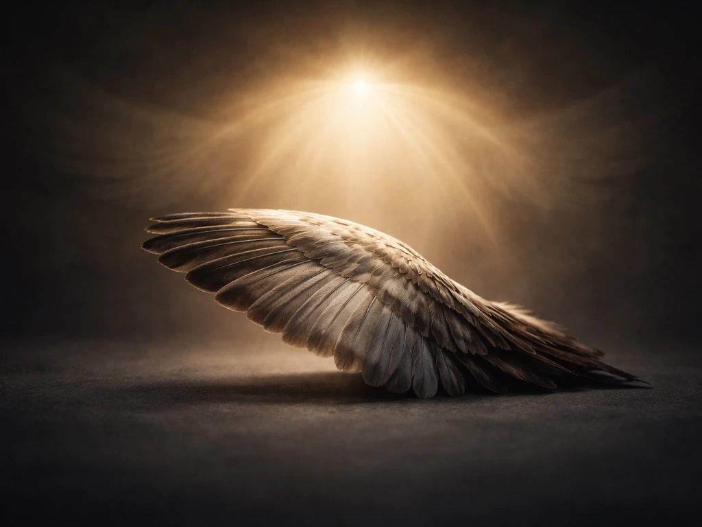 Close-up of a feathered bird wing with soft protective light rays and subtle spiritual motifs in a dark minimal backgrou