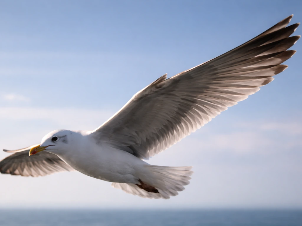 Bird in flight with detailed outer wing feathers against a clean blue sky.