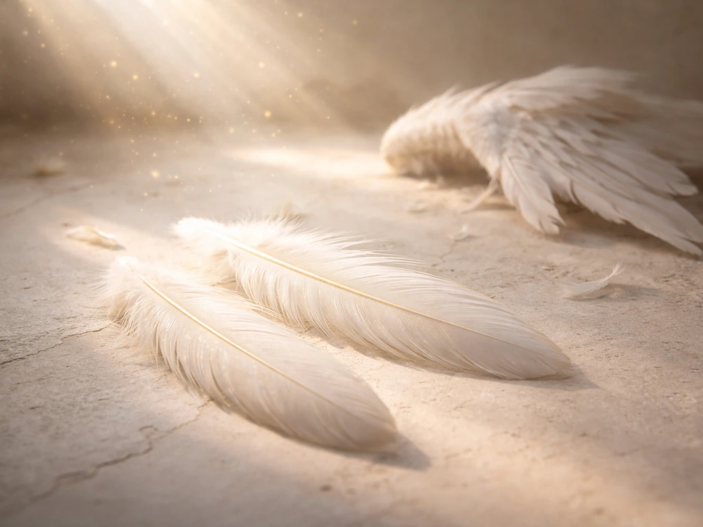 Close-up of softly lit sacred pinion feathers and a partial damaged wing on pale stone.