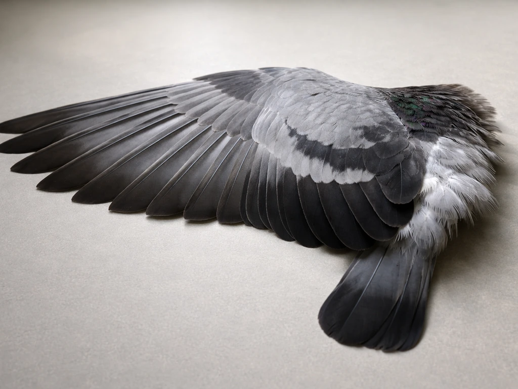 Close-up of an open bird wing on a gray tabletop, highlighting feathers and joint areas for comparison.