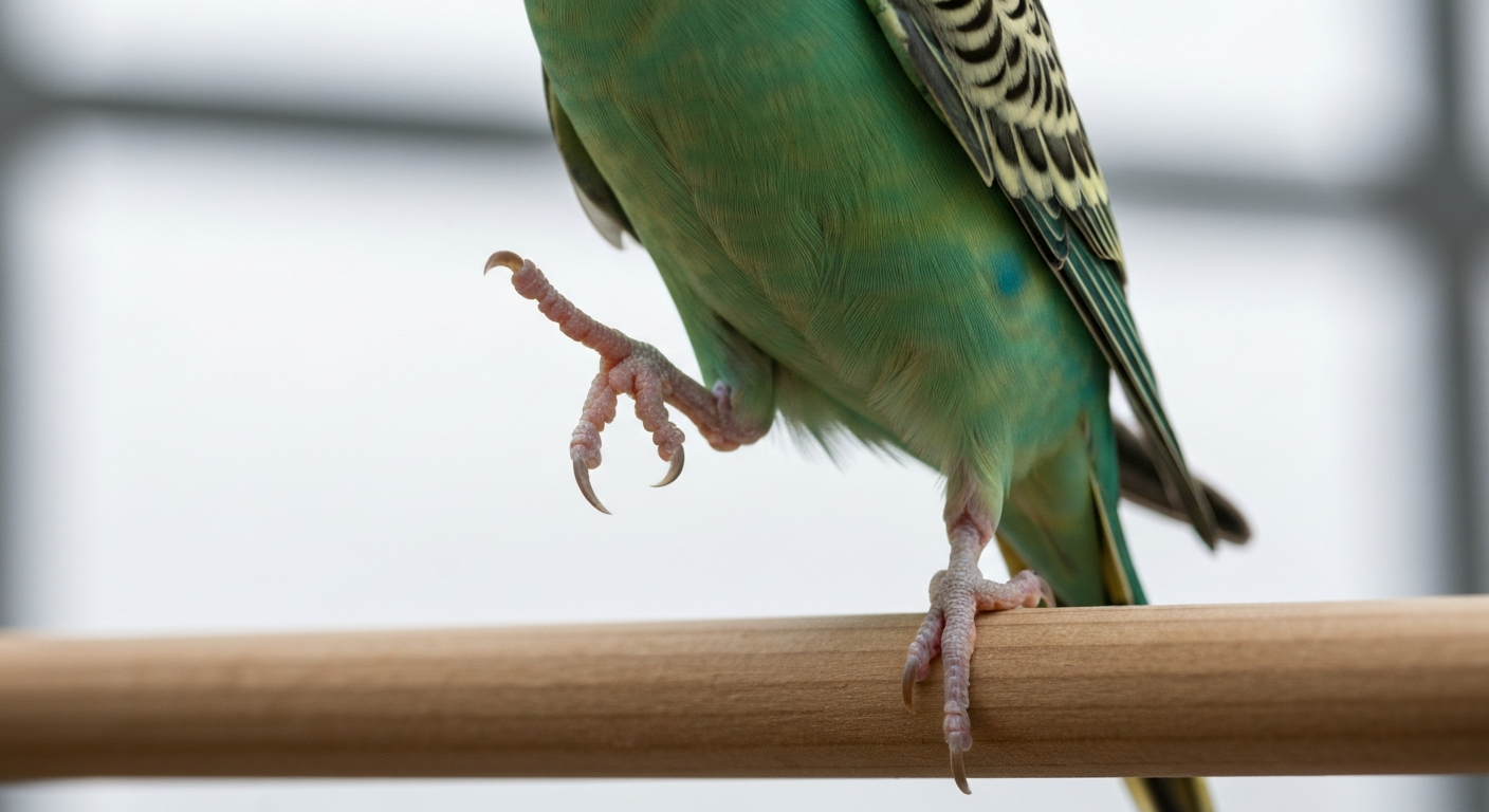 Close-up of a budgerigar on a wooden perch shifting weight with one foot lifted — example of bird shuffling.