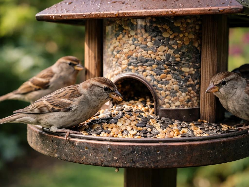 Close-up of birdseed spilling from a feeder with small songbirds perched nearby