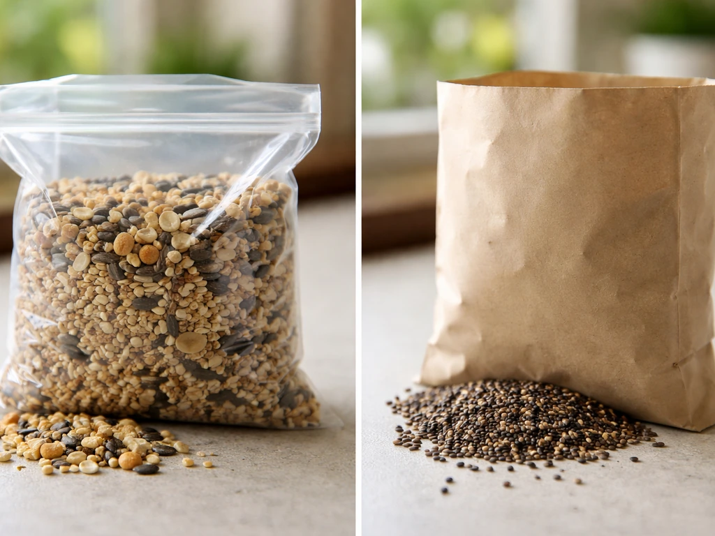 Close-up of bird feeder seed mix beside a plain bag of generic seed, comparing packaging styles