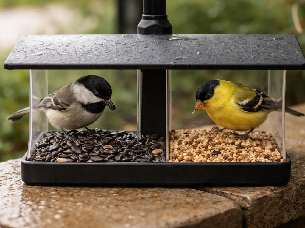 Backyard bird feeder with mixed seed types visible and small birds approaching in natural light.