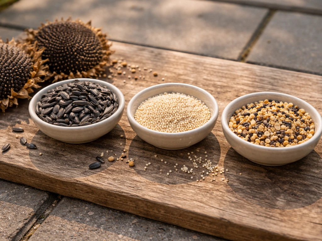 Minimal close-up of an outdoor seed comparison board with different seed bowls and small bird feed vibe
