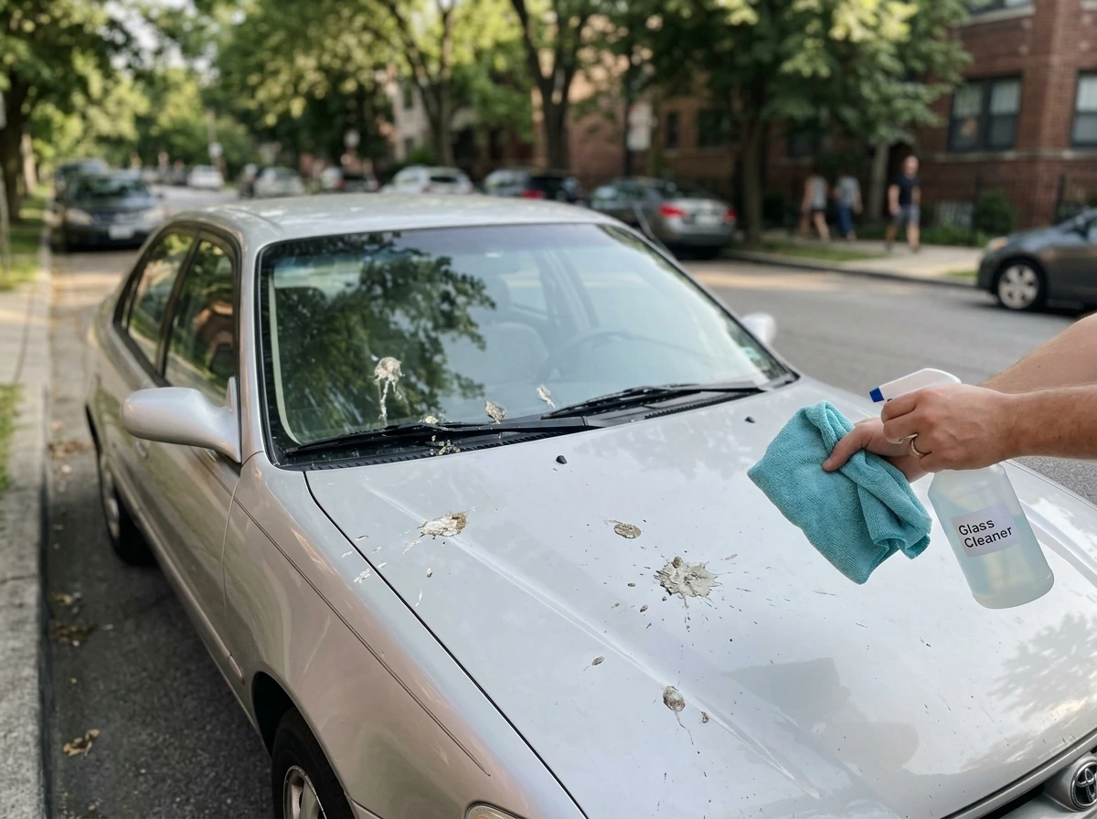 Car with bird droppings under daylight, symbolizing Islamic guidance on meaning and cleanup steps.