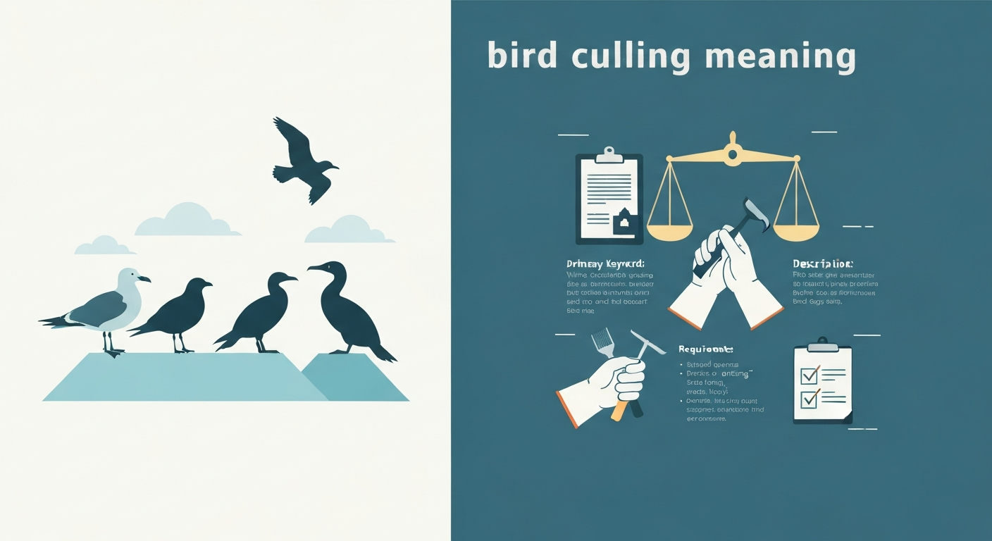 Editorial illustration showing bird silhouettes opposite management symbols (clipboard, permit, scale) to represent regulated, selective bird culling.