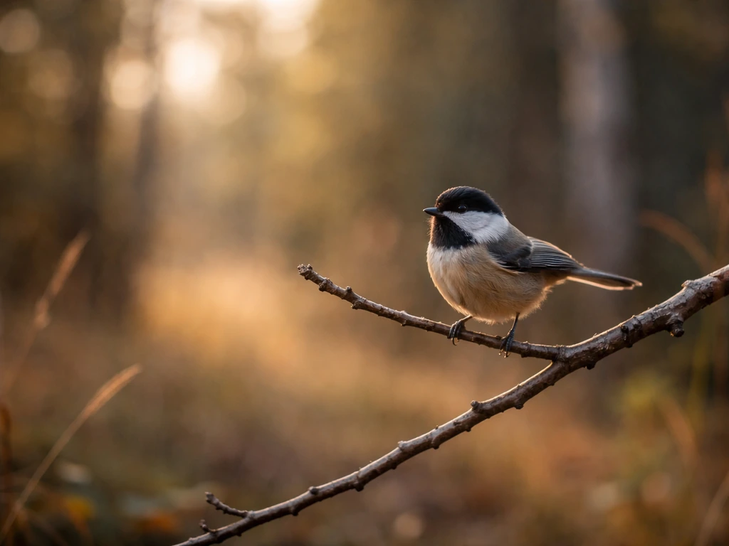 A single bird perched on a branch in golden light, surrounded by softly blurred nature.