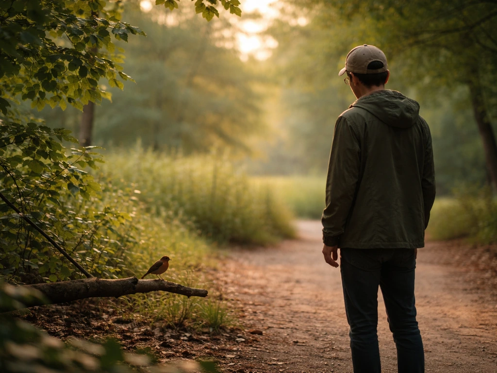 Person standing in a quiet park, looking closely at a perched bird as if wondering what it might mean.