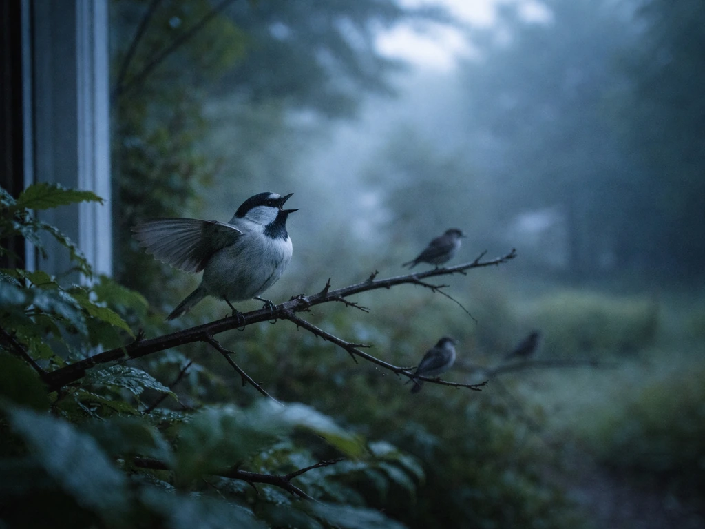 Small bird perched at dawn with misty garden light, suggesting the dawn chorus singing.