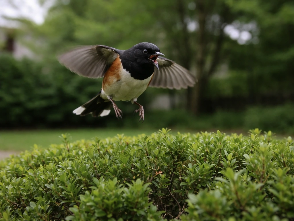 Small bird hovering over shrubs in an alert, territorial posture suggesting nest defense