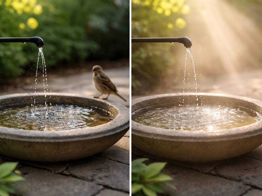 Small outdoor bird bath with a gentle dripper, misty light suggesting renewal and refreshing calm.