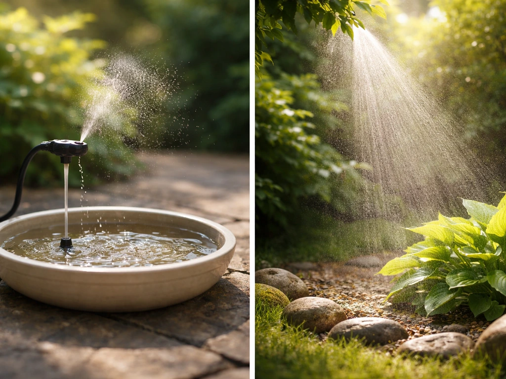 Two side-by-side scenes: a literal bird bath shower device misting over a basin, and a figurative refreshing garden show