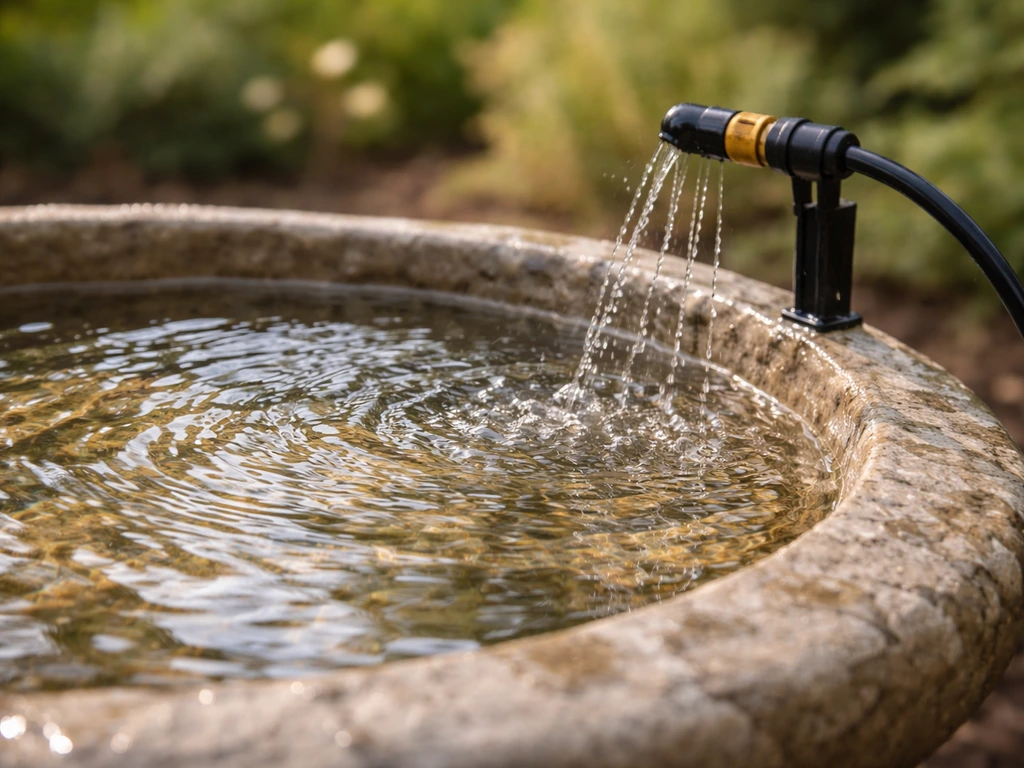 Close-up of a shallow bird bath with a dripper attachment and flowing water ripples in a garden.