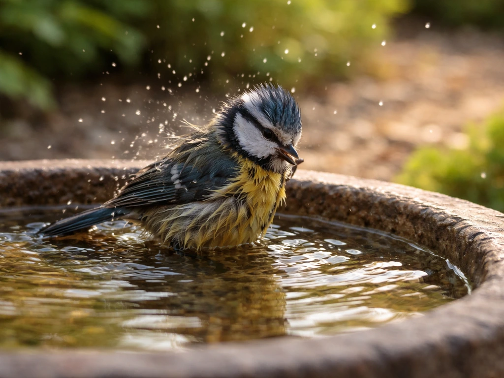 Small garden bird bathing in a shallow dish, droplets in midair as it preens wet feathers