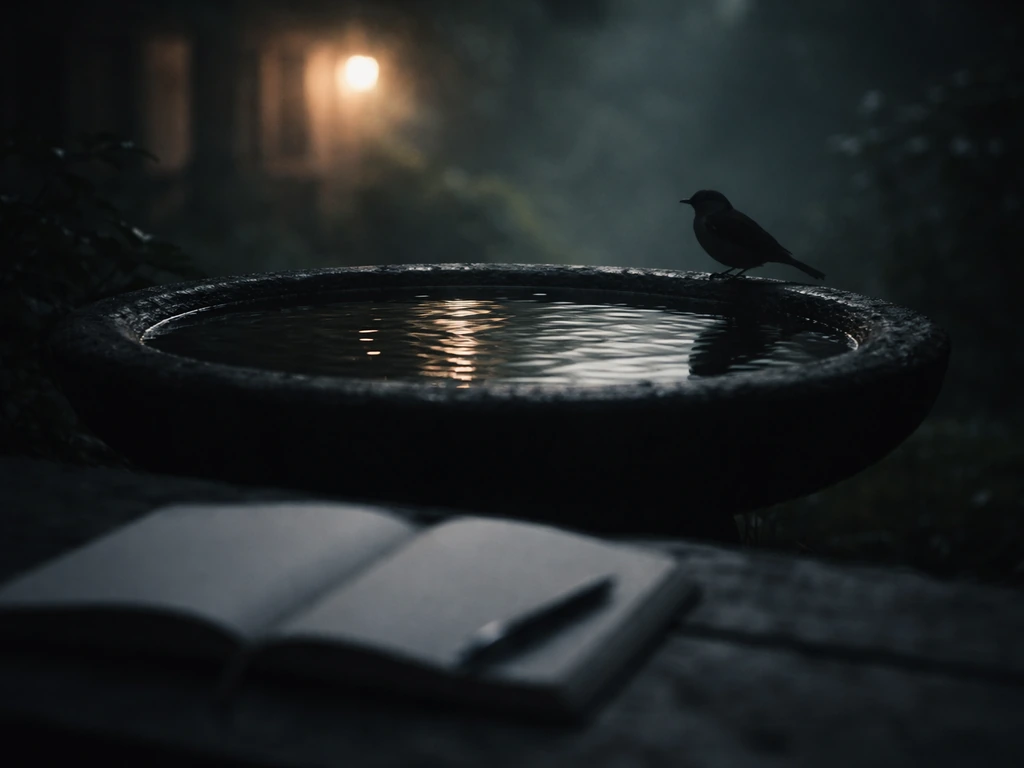Moody night photo of a bird at a bird bath with a softly lit journal in the foreground.