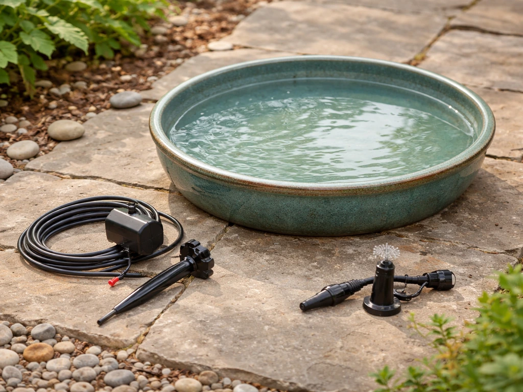 Shallow bird bath basin on a patio with a dripper and mister/fountain parts arranged nearby in a backyard
