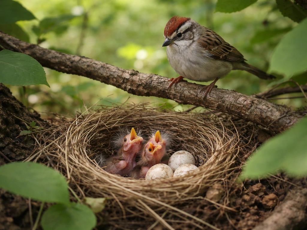 A small bird perched over a natural nest with eggs and chicks visible among soft twigs.