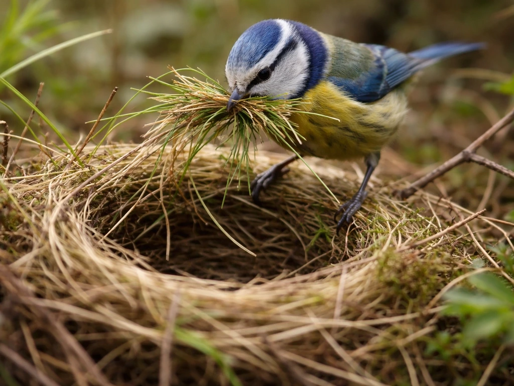 Small bird weaving twigs and grass into a nest near natural vegetation