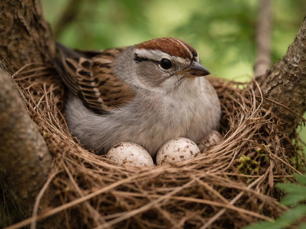 An adult bird brooding over speckled eggs in a natural nest on a tree branch.