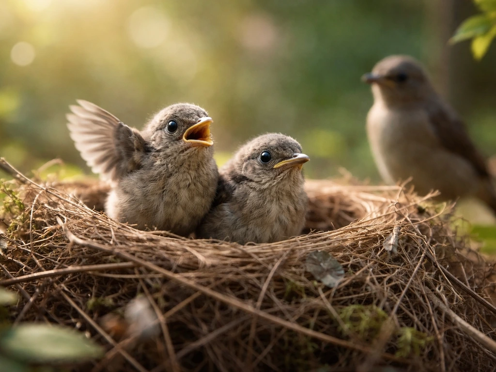 Young birds perched at the edge of a nest with one bird flapping, parents nearby in the background.
