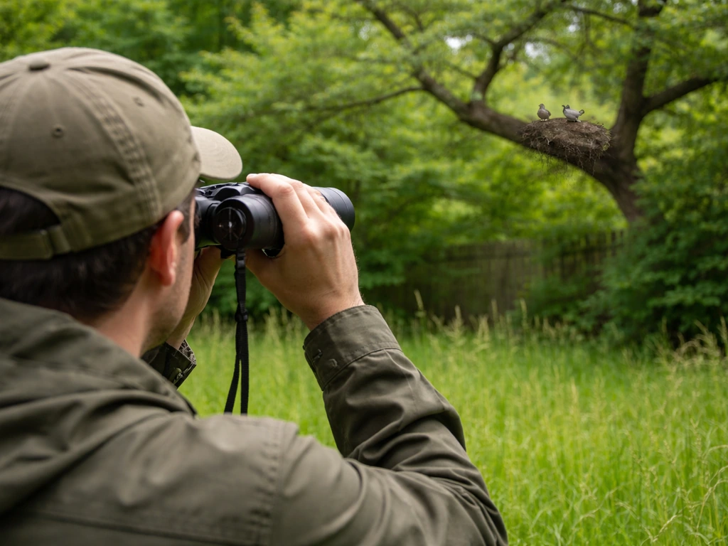 Person holds binoculars from a safe distance while an active bird nest is visible far in the background.