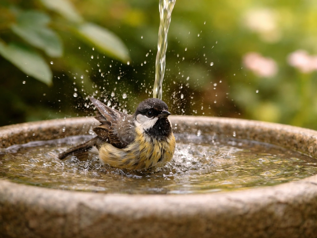 A small bird splashing in a shallow outdoor bird bath as water streams like a quick shower.