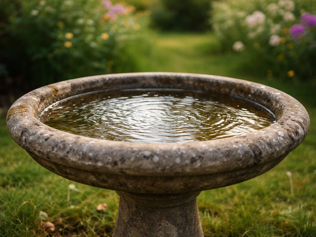Close-up of a garden bird bath basin with clear water in a yard
